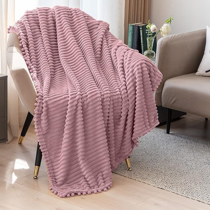 DISSA Fleece Blanket Twin Size – 60x80, Pink - Soft, Plush, Fluffy, Fuzzy, Warm, Cozy – Perfect Throw for Couch, Bed, Sofa - with Pompom Fringe - Flannel Blanket