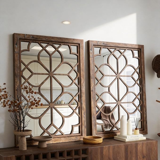 Set of 2 19x26 Inch Large Maroon Shatterproof Rectangular Wall Mirrors, Boho Rustic Farmhouse Vintage Accent Mirrors for Living Room Bedroom Entryway Dining Room & Home Decor