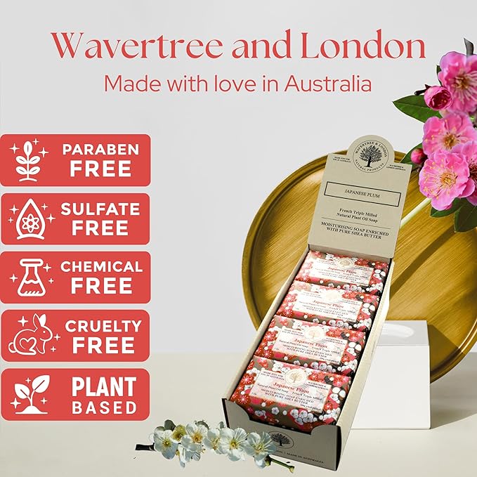 Wavertree & London Japanese Plum Scented Natural Soap (8 Bars), 7oz Moisturizing French Triple Milled Soap Bars enriched with shea butter - Pure Plant Oil Bath & Body Bars for All Skin Types