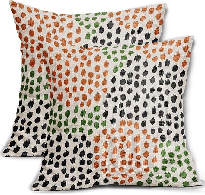 Black Orange Green Pillow Covers 16x16 Set of 2 Fall Colored Art Dot Decorative Throw Pillows Trendy Print Outdoor Pillowcase Holiday Seasonal Cushion Cover Linen Pillow Case Decor for Sofa Couch Bed