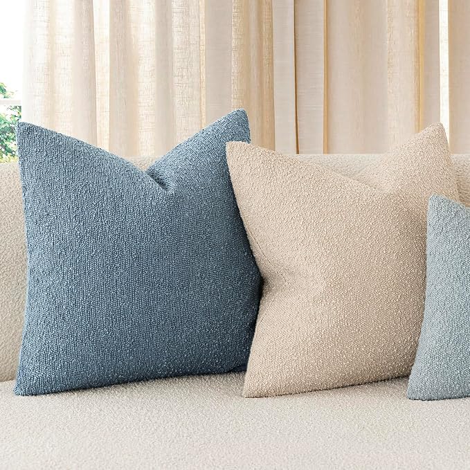 Foindtower Pack of 2 Textured Boucle Throw Pillow Covers Accent Solid Pillow Cases Cozy Soft Decorative Couch Cushion Case for Chair Sofa Bedroom Living Room Home Decor 18x18 Inch Misty Blue