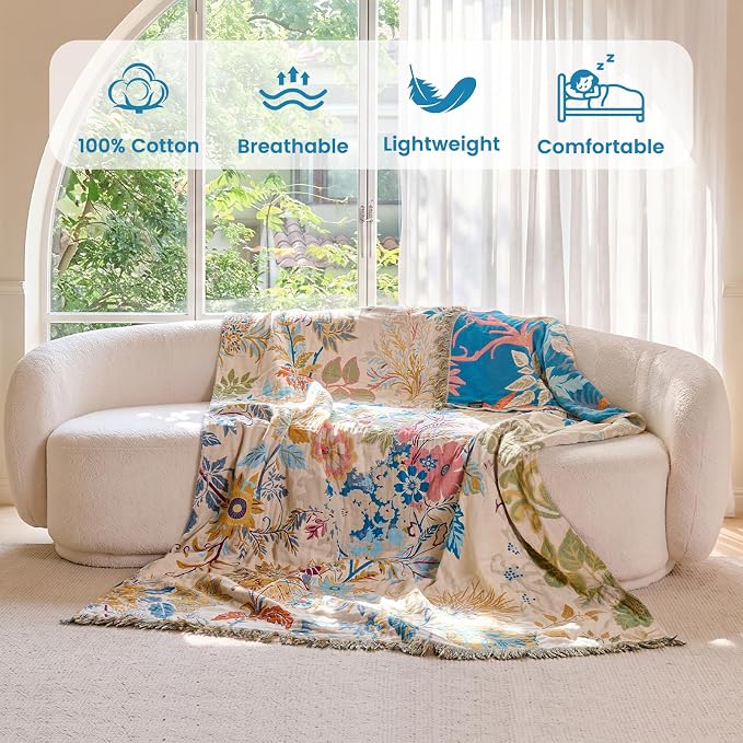 MSGKV Boho Throw Blanket 50"x60" 100% Cotton Throw for Couch Sofa Bed | 100% Cotton Throw, Reversible Woven, Breathable Lightweight, Couch Sofa Bed Decor, Decorative Accent, Machine Washable