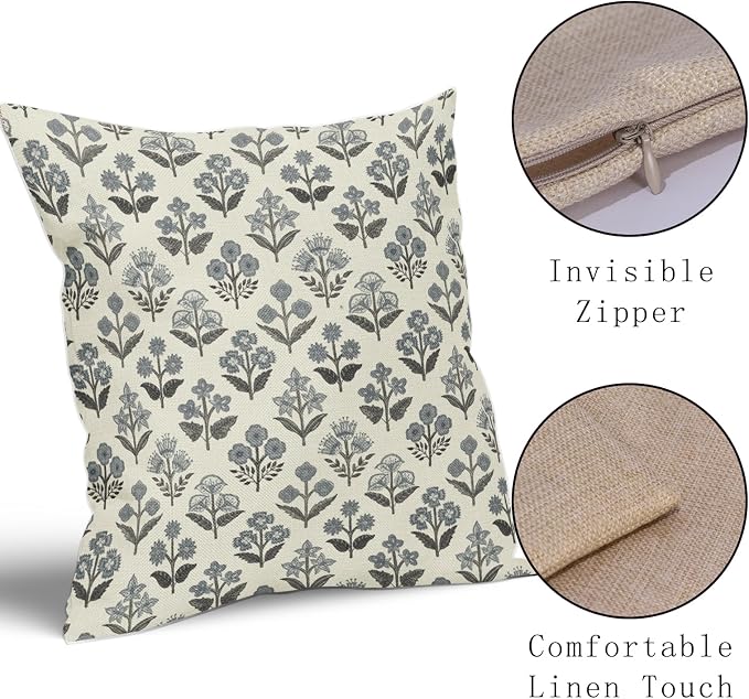 Black Dusty Blue Floral Pillow Covers 18x18 Inch Set of 2, Vintage Flower Block Print Pattern Decorative Throw Pillowcases Outdoor Farmhouse Cushion Covers Rustic Neutral Sofa Couch Bed Decor