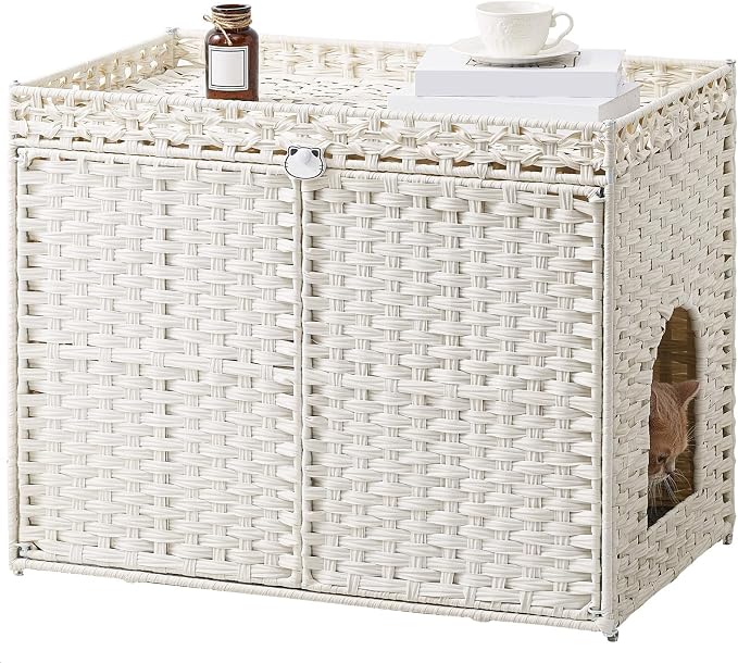 SETVSON Cat Litter Box Enclosure Furniture, Handwoven PE Rattan, White | Large Double-Door PE Rattan Kitty House, Fits Large Covered Litter Boxes, 2 Litter Mats, 2 S-Hooks, Metal Frame