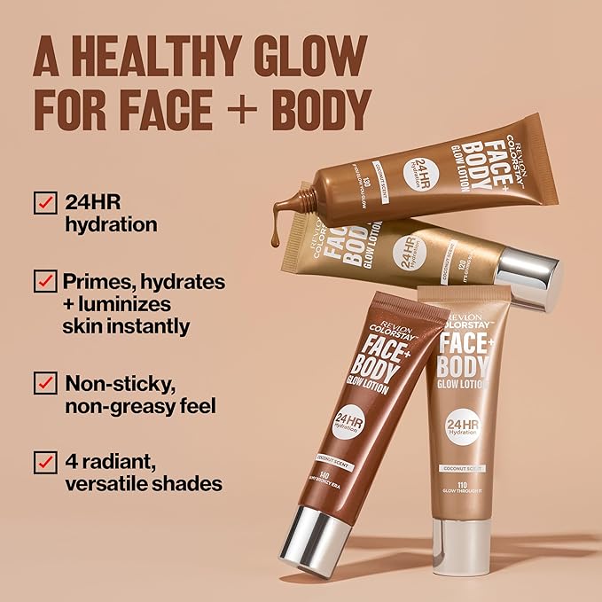 Revlon ColorStay Face & Body Glow Lotion, Hydrating Glow Moisturizer, 24HR Hydration, Illuminating Luminizing Shimmer, 140 In My Bronze Era