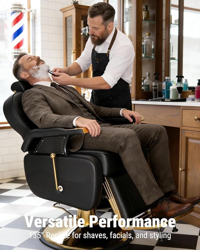 Barber Salon Chair for Hair Stylist, Reclining Chairs with Heavy Duty Hydraulic Pump, Styling Chair for Barbershop Spa Salon Home Studio (Black & Gold)