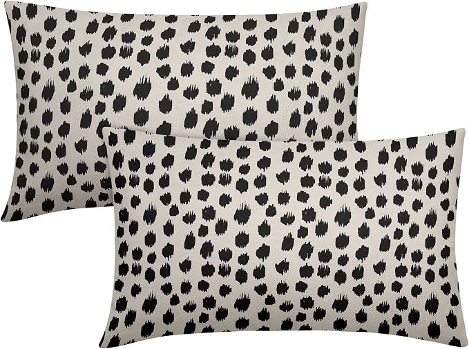 Polka Dot Throw Pillow Covers 12x20 Set of 2 Black Cream Throw Pillows Boho Design Brush Strokes Decorative Outdoor Pillowcase Square Cushion Cover Linen Pillow Case for Home Sofa Couch Bed