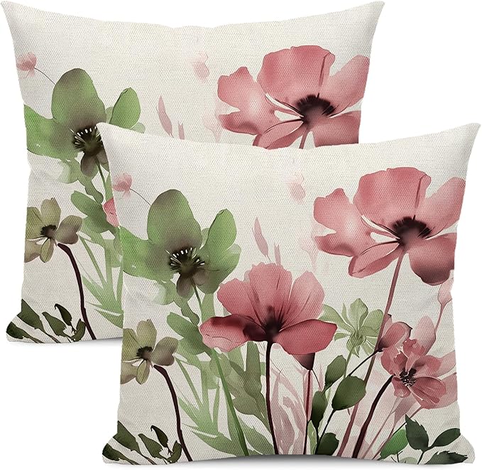 Spring Floral Pillow Covers 20x20 Inches Set of 2 Sage Green Pink Floral Throw Pillow Covers Outdoor Rustic Summer Flower Decoration Pillowcase Farmhouse Decorative Cushion Cover For Couch Sofa