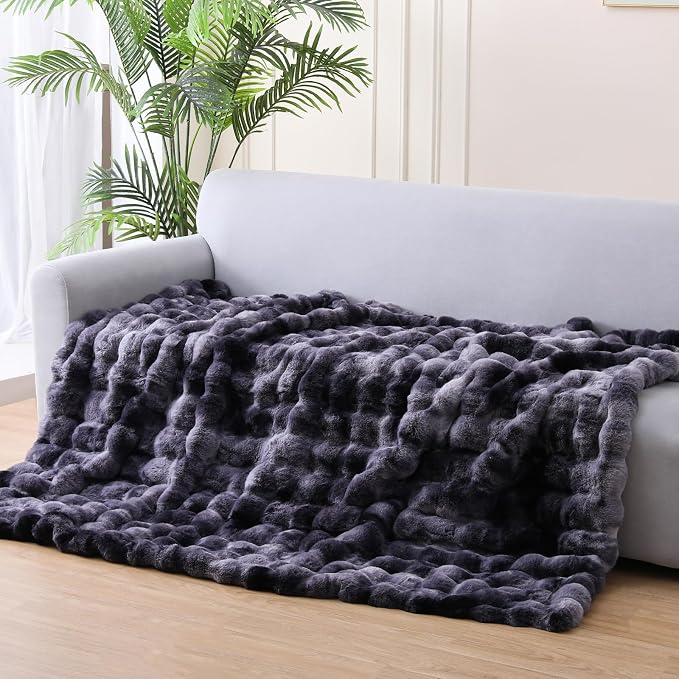 Super Comfort Oversized Warm Thick Bubble Luxury Plush Rabbit Faux Fur Throw Blanket, Fluffy Blanket,Soft Cozy Blanket for Couch Chair Bed Sofa Living Room (Tie-Dye Black, 50inX60in)
