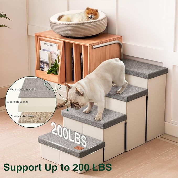 Love's cabin Dog Stairs for High Bed, Foldable Pet Stairs for Small Medium or Large Dogs Puppy with Storage for Bed or Couch, Cat Dog Steps Ramp with Zip up to 200 lbs, Light Grey, 4 Steps