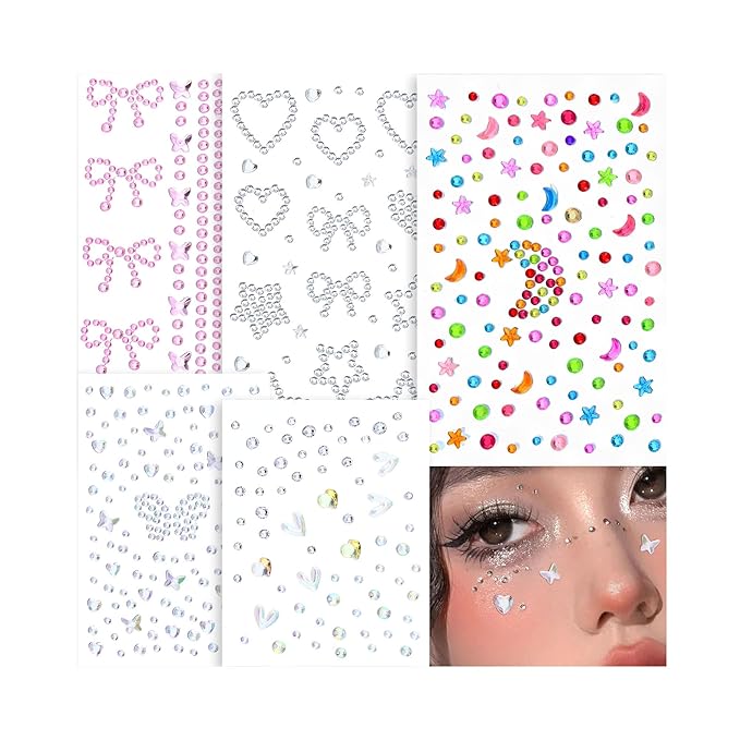SAOROPEB 5 Sheets Face Gems Face Jewels Stickers, Self Adhesive Eye Body Face Nail Crystal Rhinestones Rainbow for Women Festival Accessory and Nail Art Decorations