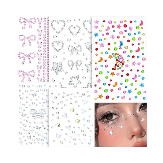 SAOROPEB 5 Sheets Face Gems Face Jewels Stickers, Self Adhesive Eye Body Face Nail Crystal Rhinestones Rainbow for Women Festival Accessory and Nail Art Decorations
