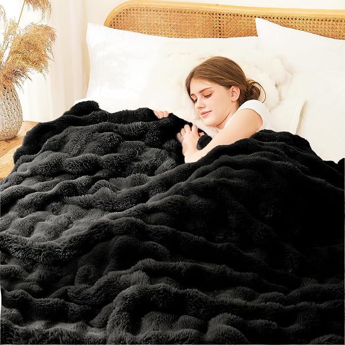 L'AGRATY Faux Rabbit Fur Throw Blanket for Couch, 90'' x 90'', Black | Soft Cozy Bubble Fluffy Blanket for Sofa Bed, Thick Warm Plush Fuzzy Throw for Room Home Decor, Luxury Gift for Women Mom