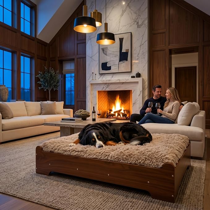 Elevated Wood Dog Bed Frame with Foam Mattress, WalnutPattern, L | Raised Dog Bed with Washable Cover, Furniture-Style Design for Indoor Living