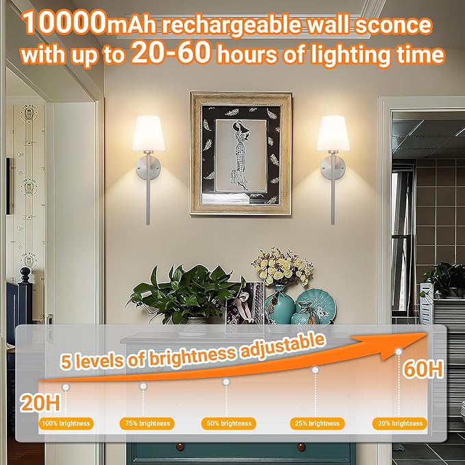 Battery Operated Wall Sconces Set Of 2, Wireless Battery Wall Light With 10000mAh RGB Rechargeable Magnetic Bulb, Rechargeable Wall Sconce With Remote Control For Bedroom, No Electrician Required
