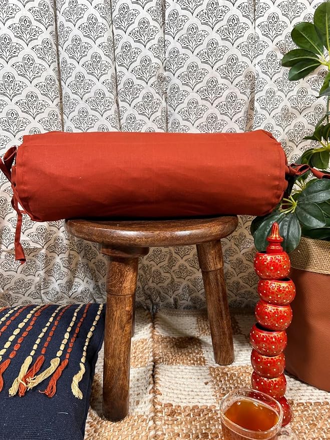 Cylindrical Pillow Bolster Cover Cervical Neck Roll Cotton Pillowcase with Drawstring Closure Neck Cushion Cover 6" x 18" (15 x 45 cm) Rust