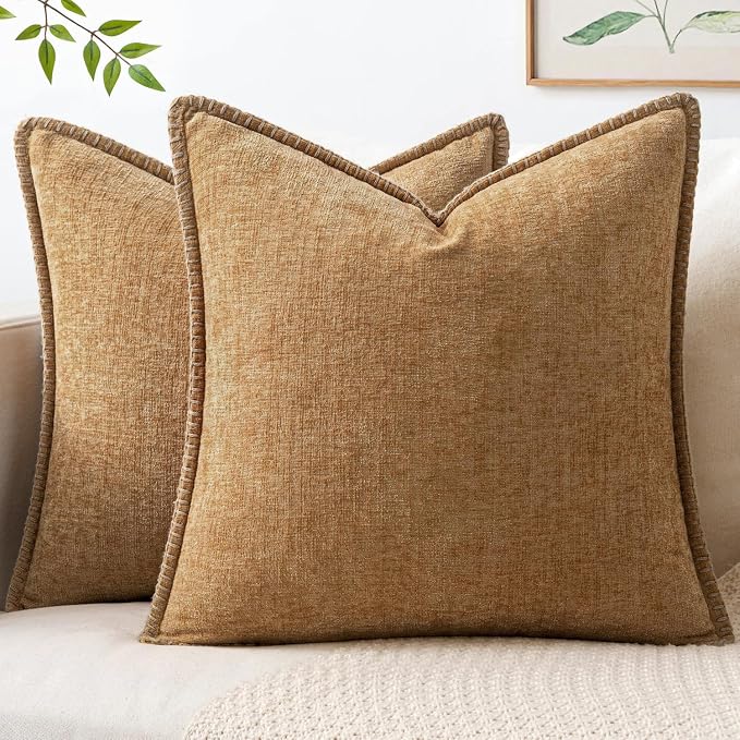 MIULEE Decorative Couch Throw Pillow Covers 20x20 Inch Apricot Brown 2 Pack | Farmhouse Pillow Covers with Stitched Edge, Soft Chenille Cushion Cases, for Sofa Bed Living Room Home Decor