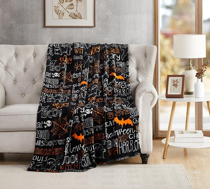 Halloween Fleece Throw Blanket, Cute Bats Ghosts Spiderwebs Print 50x70 in | Thoughtful gift idea: Great present for Halloween lovers, college students, housewarming parties, or seasonal decorators