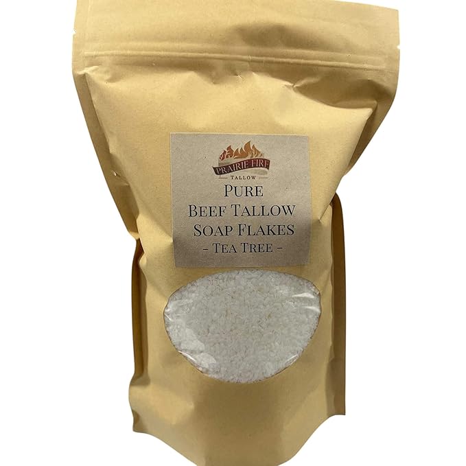 Pure Beef Tallow Soap Flakes - Made in USA - Grass Fed and Finished - Face, Body and Hair - Natural and Organic Tea Tree