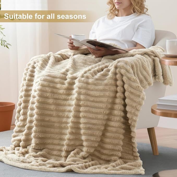 decorUhome Light Brown Fleece Queen Blanket 90x90 Inches | Soft Fleece Bed Cozy Fluffy Plush Flannel Large Striped Throws for Couch Sofa, Decorative Fuzzy Blanket for Woman