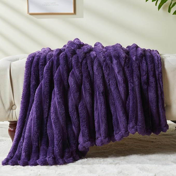 NEWCOSPLAY Fleece Ribbed Cozy Throw Blanket for Couch, Purple, 50"x60" | Premium Silky Flannel Blanket, Soft Lightweight Fluffy Throw Blanket for Bed Sofa Decor, Gift for All Season Use