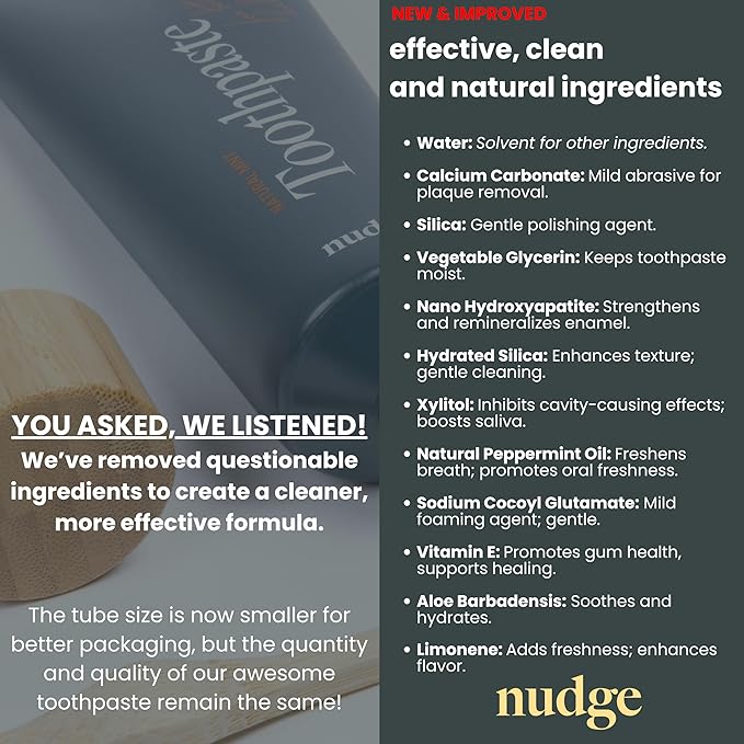 Nudge 10% Nano Hydroxyapatite Toothpaste, Remin+ Formula with Vitamin E, Fluoride-Free, SLS-Free, Helps Remineralize Enamel, Supports Dry Mouth Relief and Sensitive Teeth, Mint, 4.5 oz (Pack of 2)
