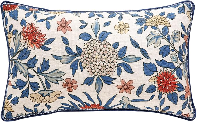 patdrea Designer French Vintage Linen Throw Pillow Cover,12"x20"-Ivar A | Decorative Pillow Cover,Blue and White Floral Pattern,Pillow Case for Couch Living Room Bedroom Sofa Outdoor