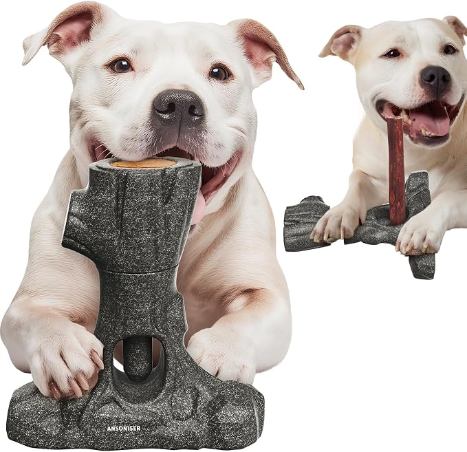 Ansoniser 2-in-1 Bully Stick Holder & Chew Toy - Tree Stump Design Prevents Choking, Keeps Dogs Busy with Mental Stimulation, for All Breed Sizes, Easy to Clean