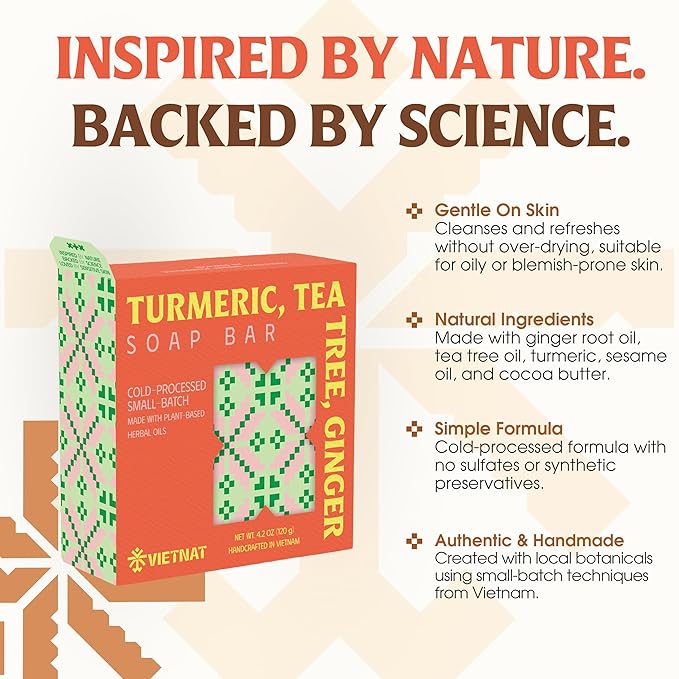 Turmeric, Tea Tree & Ginger Natural Soap Bar (4.2 oz) | Gentle Exfoliation & Refreshing Lather | Cold-Processed, Handmade in Vietnam (Pack of 1)