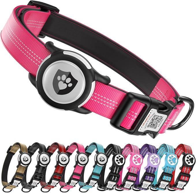 Waterproof AirTag Dog Collar with QR Code Dog Tag, Rose Red XS | IP68 waterproof, QR code dog tag, Anti-Lost, Online profile, fits XS-L (8"-26"), Padded nylon, Reflective, No App, No Fees