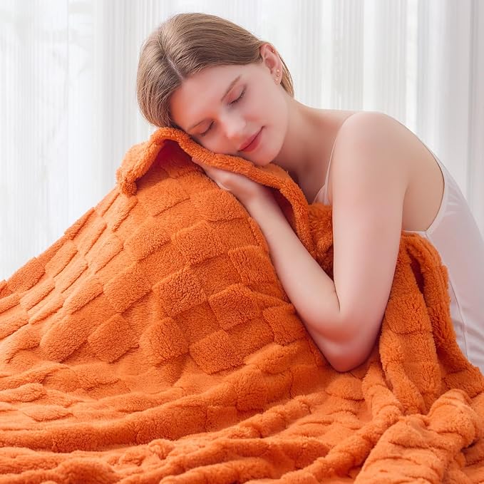 NEWCOSPLAY 3D Checkered Flannel Twin Blanket, Orange Checkered, 60"x80" | Super Soft Cute Lightweight Decorative Premium Silky Fleece Blanket for Couch Sofa Bed, Gift for Women Men, All Season Use