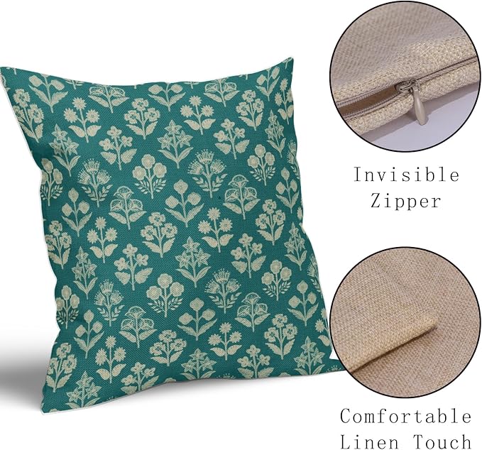 Teal Floral Pillow Covers 24x24 Inch Set of 2, Vintage Flower Block Print Pattern Decorative Throw Pillowcases Outdoor Farmhouse Cushion Covers Spring Summer Rustic Sofa Couch Bed Decor