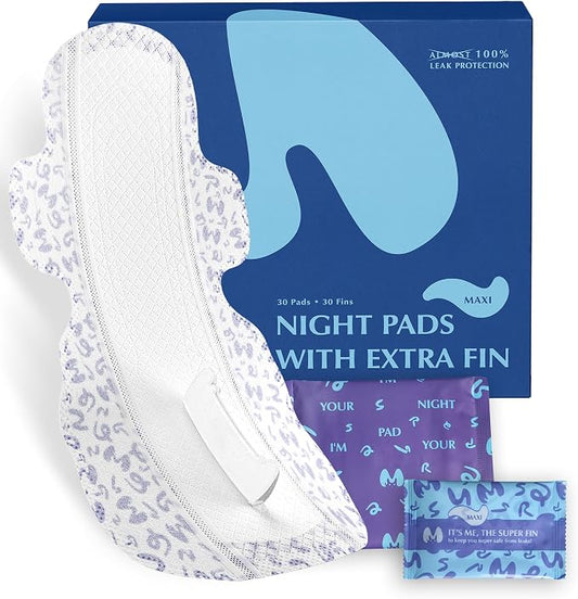 Overnight Pads with Wings – Size 5 (Maxi Pad) – Ultimate Leak-Free Protection with Absorbent FIN Technology – 30 Sanitary Napkins with pH-Balanced Wipes – Sanitary Pads for Women & Teens