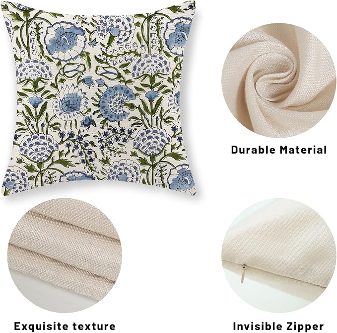Boho Navy Blue Pillow Covers 18x18 Inch Set of 2 Blue Sage Green Floral Throw Pillows Vintage Flower Outdoor Decorative Pillow Cases Farmhouse Linen Cushion Cover Decor for Couch Sofa Decor