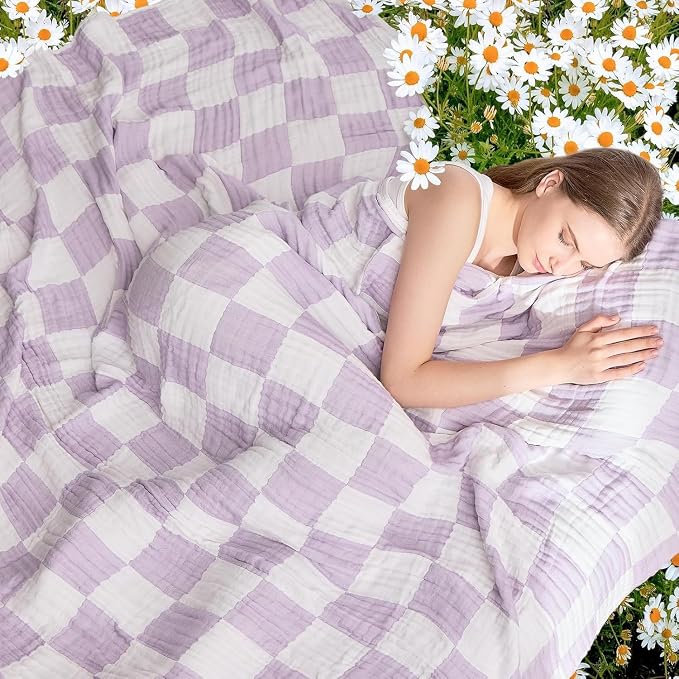 EMME Cooling Muslin Twin Blanket - Checkered Lightweight Summer Cotton Blankets of Rayon Derived from Bamboo for Hot Sleepers, Ultra Soft Breathable All Season Gauze