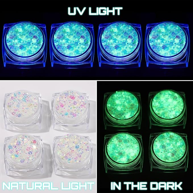 Teenitor Glow in The Dark Glitter, Clear White Body Glitter Gel, Sparkly Neon Face Glitter Hair Glitter, Glow in The Dark Face Paint for Halloween Makeup Glow Party Concerts Raves