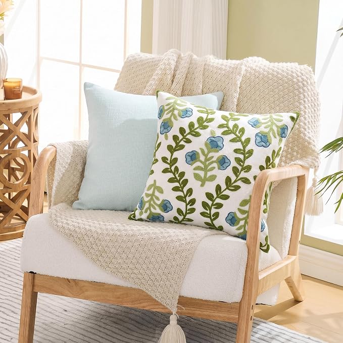 Alysheer Floral Embroidered Summer Decorative Throw Pillow Covers 20"x 20" Set of 2, Farmhouse Cottage Blue Flowers Green Leaves Knit Pattern Cotton Canvas Cushion Case for Couch Bed Living Room