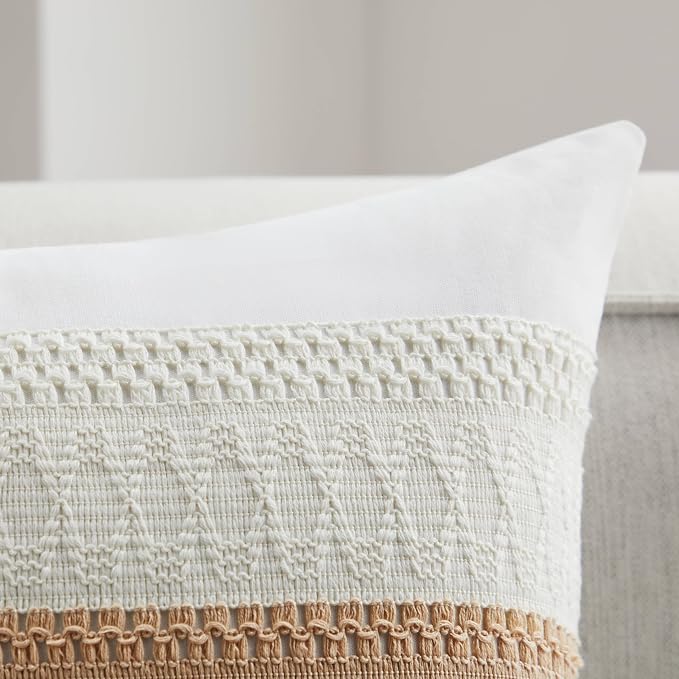 2pk Boho Pillow Covers 12x20, Natural White/Contrast/Beige | 100% Organic Cotton Body, Stripe Embroidery, Farmhouse Decorative Cushion Covers for Sofa Bed Living Room Home Decor