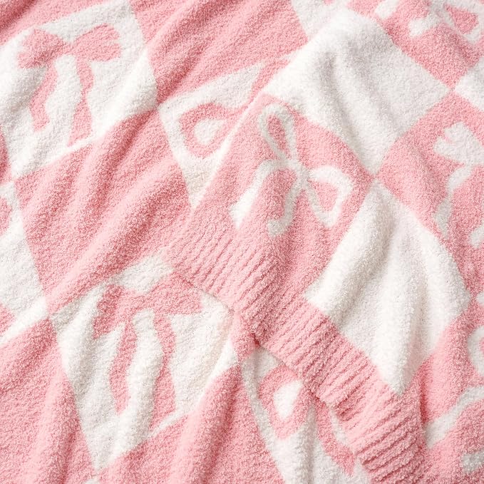 Snuggle Sac Bow Throw Blanket for Couch, Microfiber Fluffy Warm Cozy Fuzzy Reversible Checkered Blankets for Sofa, Chair, Bed, 60x80 inches