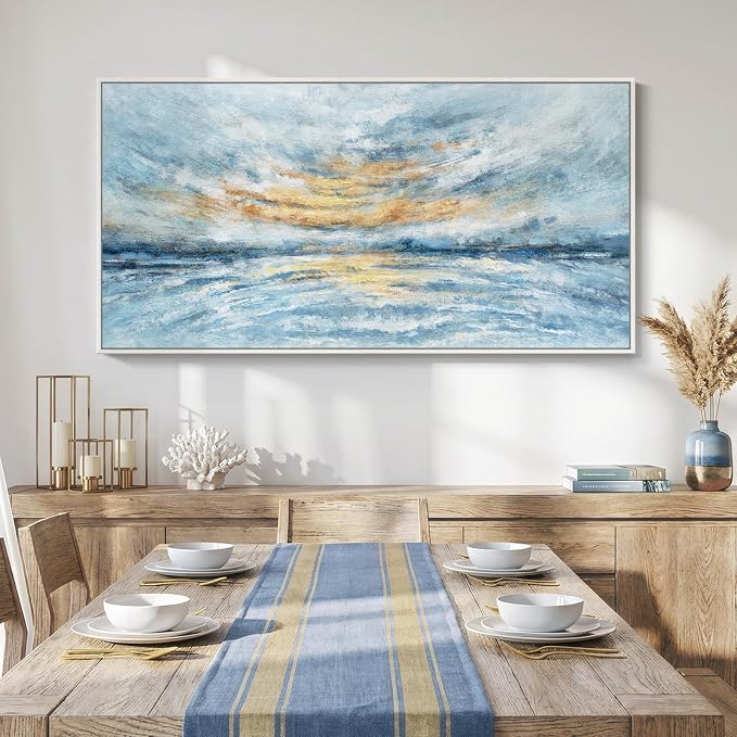 Large Framed Coastal Abstract Wall Art for Living Room, Horizontal 30x60 In | Blue and gold canvas prints, Ocean landscape paintings, Modern artwork for walls, Wall decor for bedroom dining room office