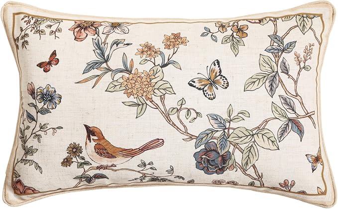 Designer Vintage Linen Throw Pillow Cover,20"x12"-Cornucopia A | Elegant French Rectangle Pillow Cover,Concealed Zipper,Floral and Bird Pattern,Sofas,Bedroom,Living Room,Lounge Chairs