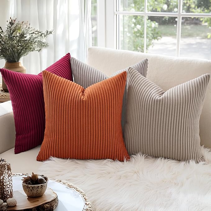 MIULEE Decorative Corduroy Throw Pillow Covers Set of 2 20x20 Light Brown | Soft Striped Textured Cushion Cases, Boho Rustic Square Pillowcases for Home Decor, for Couch Chair Sofa Bed Living Room