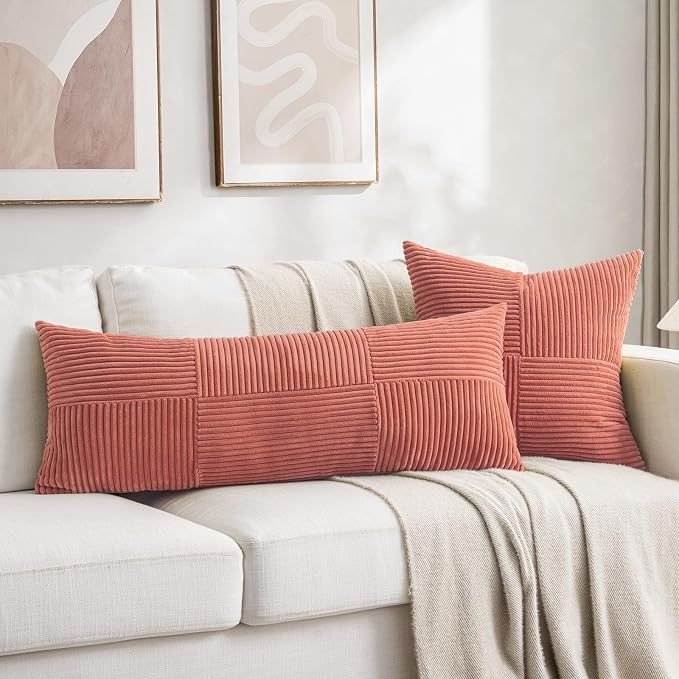 Fancy Homi Set of 1 Coral Boho Long Lumbar Body Decorative Throw Pillow Cover 14x36 Inch for Bed Couch Bedroom Bench, Soft Patchwork Corduroy Textured Pillow Case, Rustic Farmhouse Room Decor