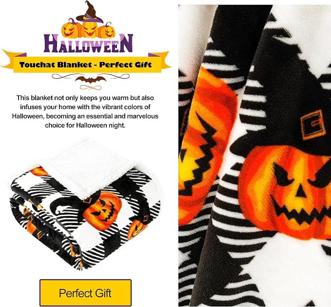 Halloween Blanket Twin Size 60" X 70"，Pumpkin Sherpa Fall Fuzzy Fluffy Soft Cozy Blankets, Fleece Flannel Plush Microfiber Throw for Couch Bed Sofa, Halloween Decor (BlackHalloween)