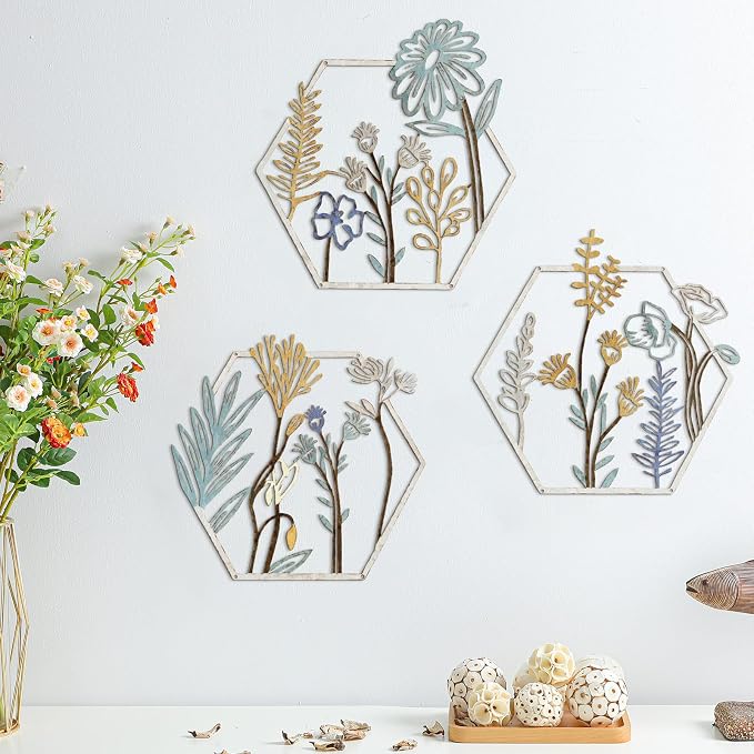 Peryiter 3 Pcs Metal Flower Wall Decor Minimalist Floral Wall Hanging Decor Floral Metal Rustic Flower Art for Summer Living Room Bathroom Kitchen Indoor Outdoor(Beige Gold)