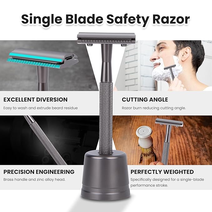 Keropy Double Edge Razor With Stand and 10 Premium Stainless Steel Blade Safety Razors For Men Shaving Razor, Matte Black Double Edge Safety Razor, Gun Black