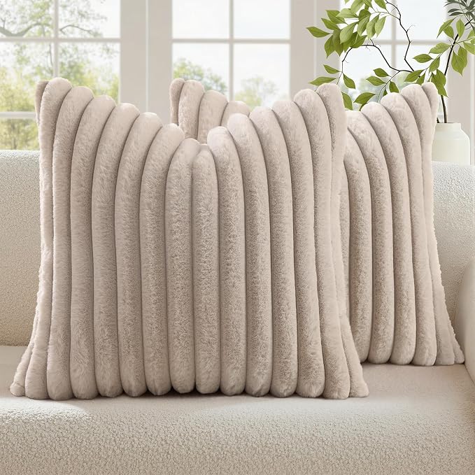 decorUhome Fall Faux Fur Throw Pillow Covers 22x22 Set of 2 Tan | Decorative Soft Cozy Striped Plush Modern Farmhouse Boho Couch Pillow Cases Velvet Back for Sofa Bed Living Room Home Decor