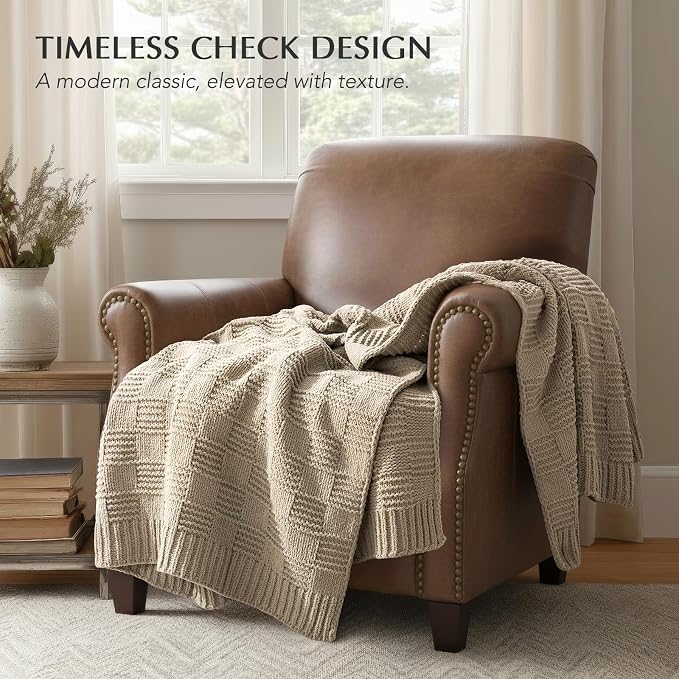 EVERGRACEHOME Modern Checkered Chenille Throw Blanket, 60x80, Sand Dune | Lightweight Warmth, All-Season Breathability, OEKO-TEX certified, Timeless Grid Pattern, Farmhouse Throw for Couch, Bed, Sofa