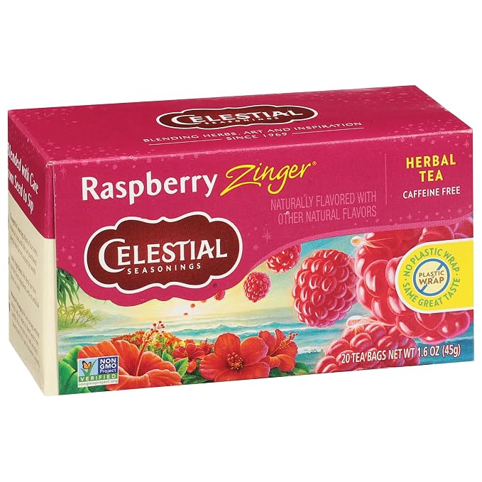 Celestial Seasonings Raspberry Zinger Herbal Tea, Caffeine Free, 20 Tea Bags Box (Pack of 6)