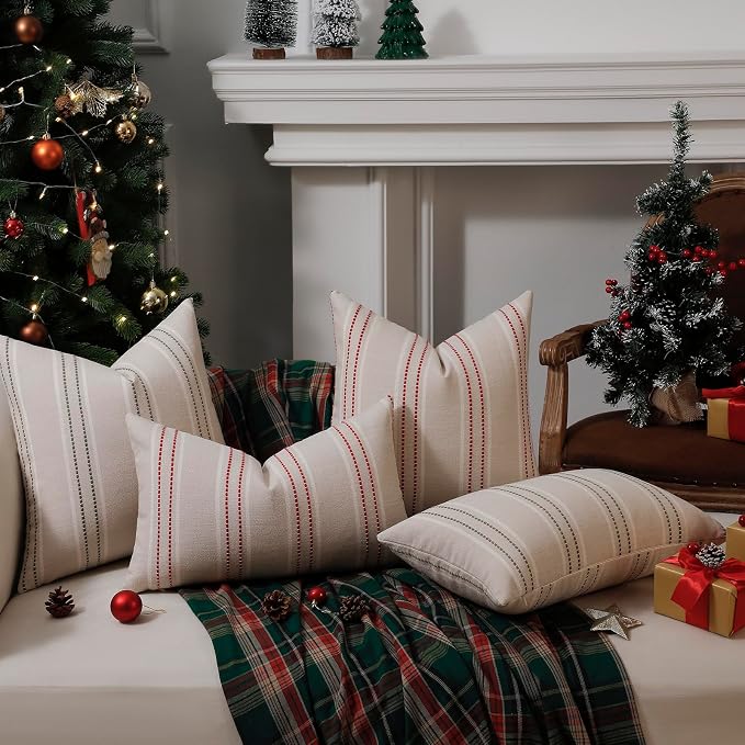 Hckot Christmas Pillow Covers 24x24 Set of 2 Xmas Decorative Pillows Red | Textured Striped, Xmas Decorations, Winter Holiday Decorative Pillow Covers, Sofa Living Room Farmhouse Decor